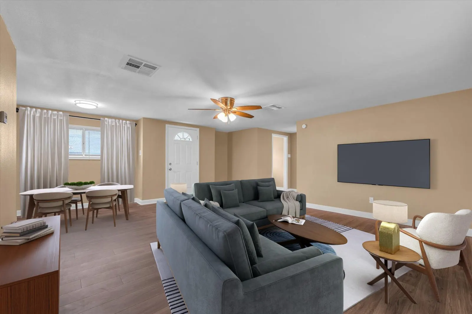 Eye-level view of a cozy flex room with versatile furniture