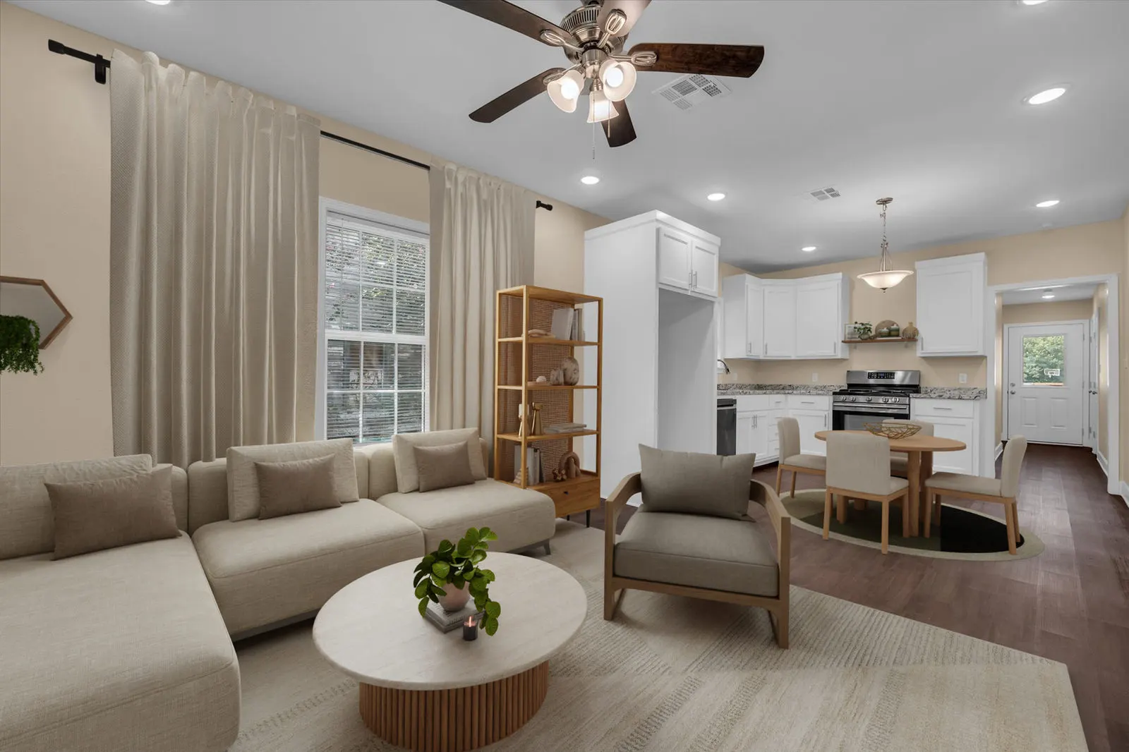 Eye-level view of a modern kitchen with custom cabinets and a gas range