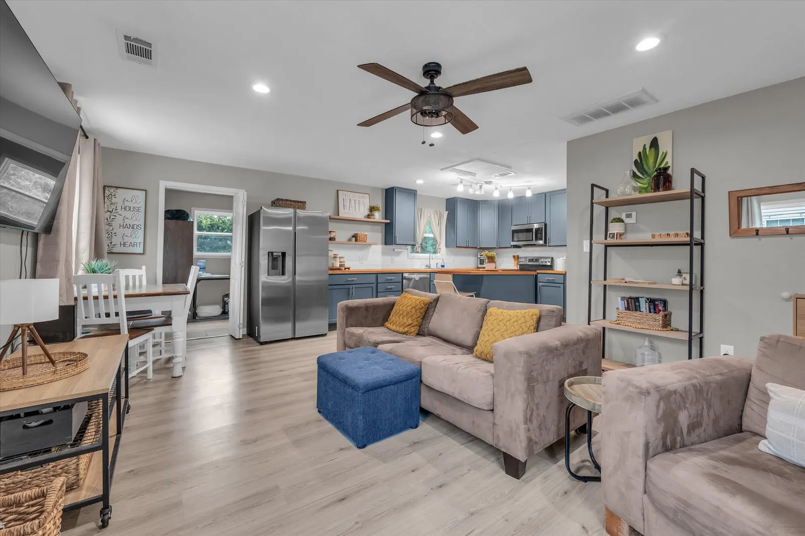 Eye-level view of a stylish kitchen with modern appliances