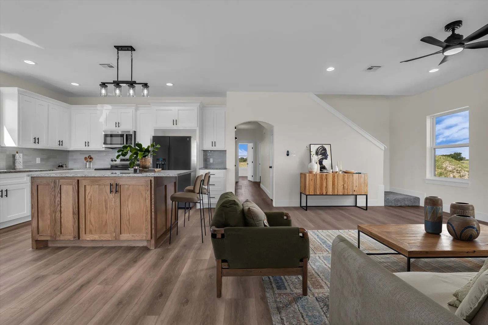 Eye-level view of the spacious living area in the barndominium